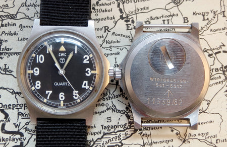 1980 CWC G10 “fatboy” (left), the first ever Quartz watch issued to the British military, and reverse of 1982 issue G10 “fatboy” (right). 1980 was the last year that the non-circled CWC logo was used. Reflecting again on the “fantasy” element of military watch collecting, the 1982 “fatboys” tend to sell for a higher price as this was the year of the Falklands War, Britains last colonial war.