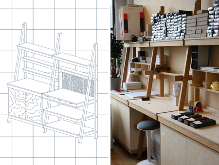 An early concept drawing of the packaging space, and the space in use.