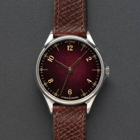 Front of Model 1 Plum Fumé enamel watch on brown leather strap